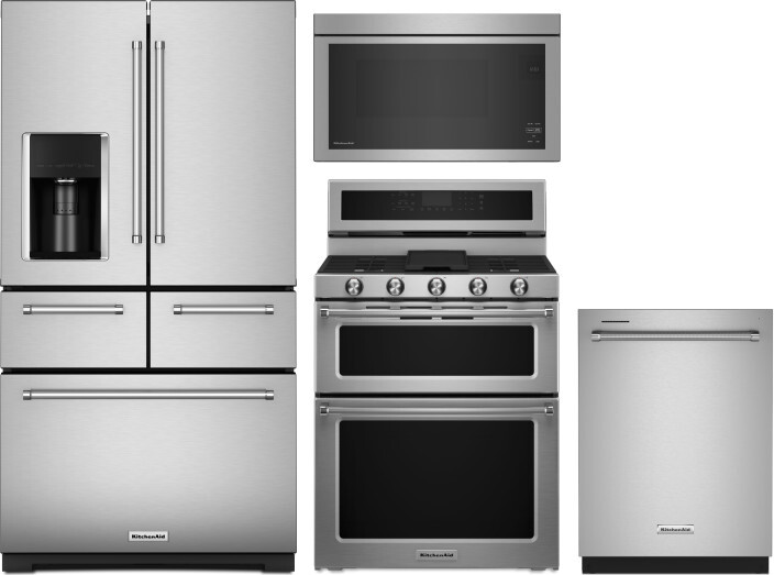 KitchenAid 4 Piece Kitchen Appliances Package with French Door Refrigerator, Gas Range, Dishwasher and Over the Range Microwave in Stainless Steel KAR