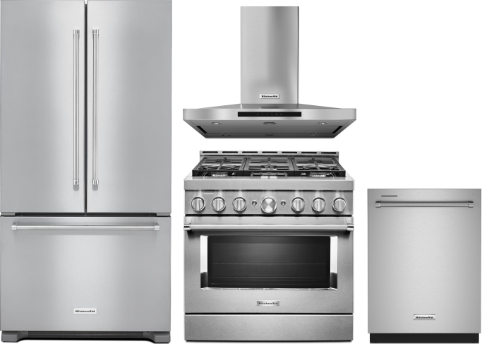 KitchenAid 4 Piece Kitchen Appliances Package with French Door Refrigerator, Gas Range and Dishwasher in Stainless Steel KARERADWMW138