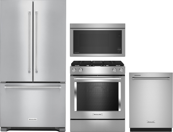 KitchenAid 4 Piece Kitchen Appliances Package with French Door Refrigerator, Dual Fuel Range, Dishwasher and Over the Range Microwave in Stainless Ste