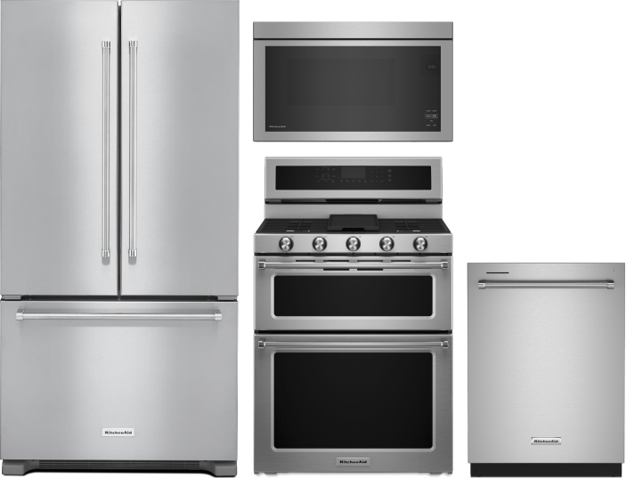 KitchenAid 4 Piece Kitchen Appliances Package with French Door Refrigerator, Gas Range, Dishwasher and Over the Range Microwave in Stainless Steel KAR