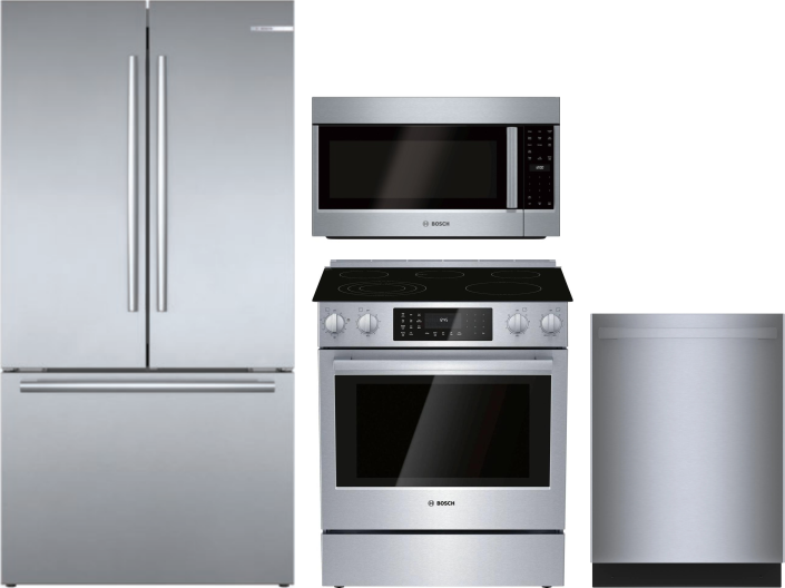 Bosch 4 Piece Kitchen Appliances Package with French Door Refrigerator, Electric Range, Dishwasher and Over the Range Microwave in Stainless Steel BOR