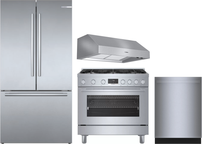 Bosch 4 Piece Kitchen Appliances Package with French Door Refrigerator, Gas Range and Dishwasher in Stainless Steel BORERADWRH688