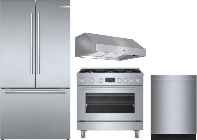 Bosch 4 Piece Kitchen Appliances Package with French Door Refrigerator, Dual Fuel Range and Dishwasher in Stainless Steel BORERADWRH690