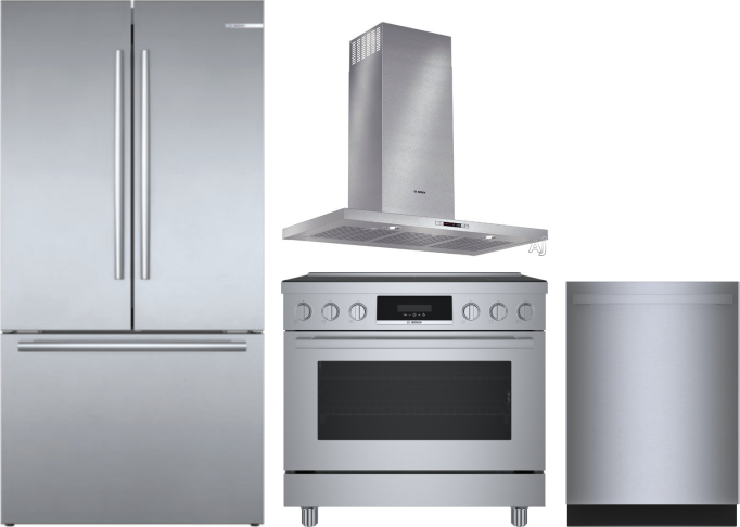 Bosch 4 Piece Kitchen Appliances Package with French Door Refrigerator, Induction Range and Dishwasher in Stainless Steel BORERADWRH692