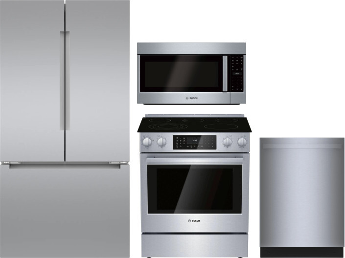Bosch 4 Piece Kitchen Appliances Package with French Door Refrigerator, Electric Range, Dishwasher and Over the Range Microwave in Stainless Steel BOR
