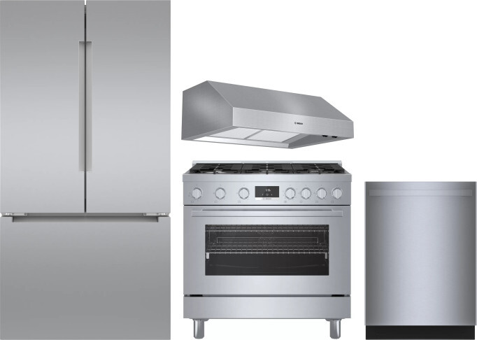 Bosch 4 Piece Kitchen Appliances Package with French Door Refrigerator, Gas Range and Dishwasher in Stainless Steel BORERADWRH700