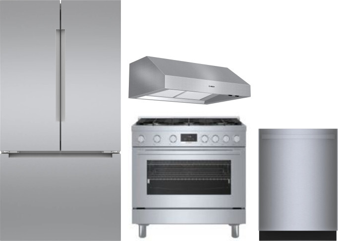 Bosch 4 Piece Kitchen Appliances Package with French Door Refrigerator, Dual Fuel Range and Dishwasher in Stainless Steel BORERADWRH702