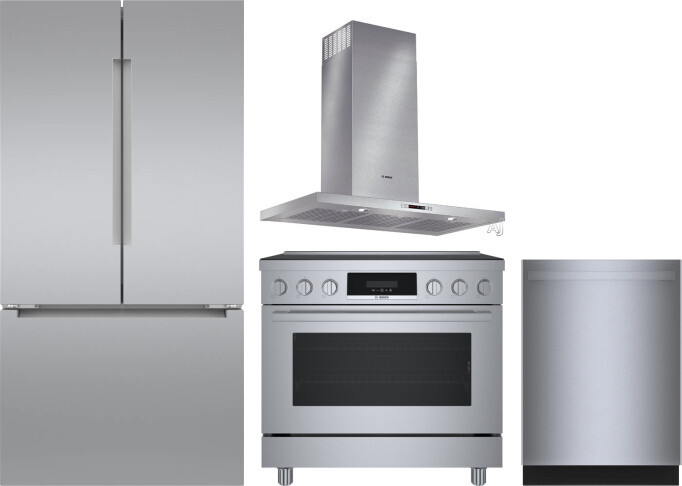 Bosch 4 Piece Kitchen Appliances Package with French Door Refrigerator, Induction Range and Dishwasher in Stainless Steel BORERADWRH704