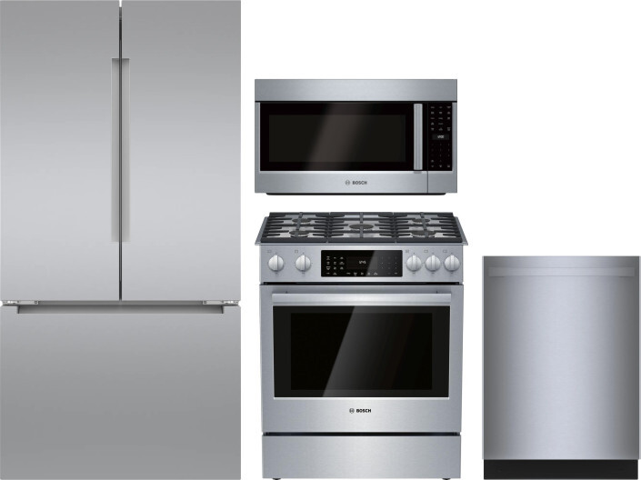 Bosch 4 Piece Kitchen Appliances Package with French Door Refrigerator, Dual Fuel Range, Dishwasher and Over the Range Microwave in Stainless Steel BO