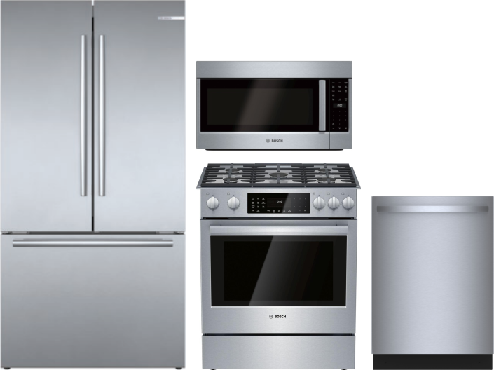 Bosch 4 Piece Kitchen Appliances Package with French Door Refrigerator, Dual Fuel Range, Dishwasher and Over the Range Microwave in Stainless Steel BO