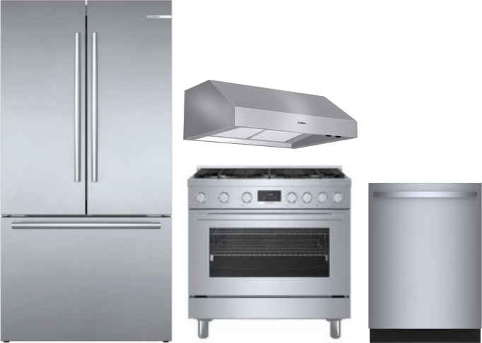 Bosch 4 Piece Kitchen Appliances Package with French Door Refrigerator, Dual Fuel Range and Dishwasher in Stainless Steel BORERADWRH714
