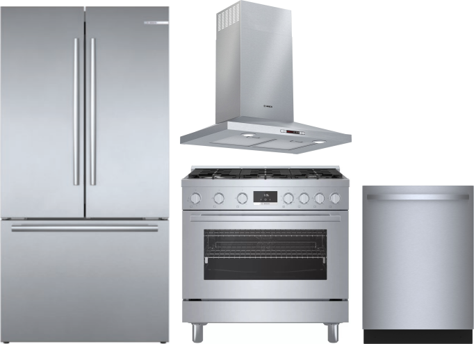 Bosch 4 Piece Kitchen Appliances Package with French Door Refrigerator, Gas Range and Dishwasher in Stainless Steel BORERADWRH715