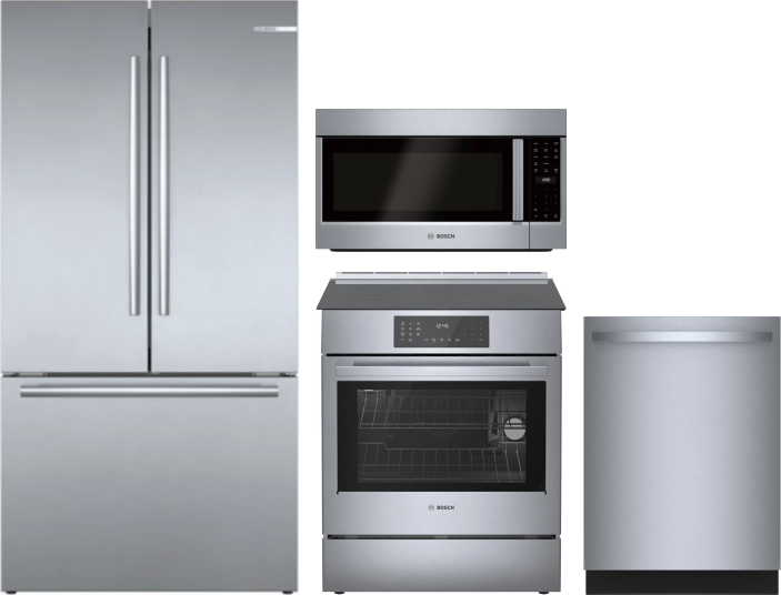 Bosch 4 Piece Kitchen Appliances Package with French Door Refrigerator, Induction Range, Dishwasher and Over the Range Microwave in Stainless Steel BO