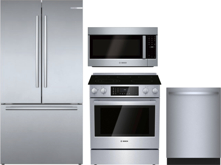 Bosch 4 Piece Kitchen Appliances Package with French Door Refrigerator, Electric Range, Dishwasher and Over the Range Microwave in Stainless Steel BOR