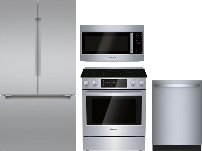 Bosch 4 Piece Kitchen Appliances Package with French Door Refrigerator, Electric Range, Dishwasher and Over the Range Microwave in Stainless Steel BOR