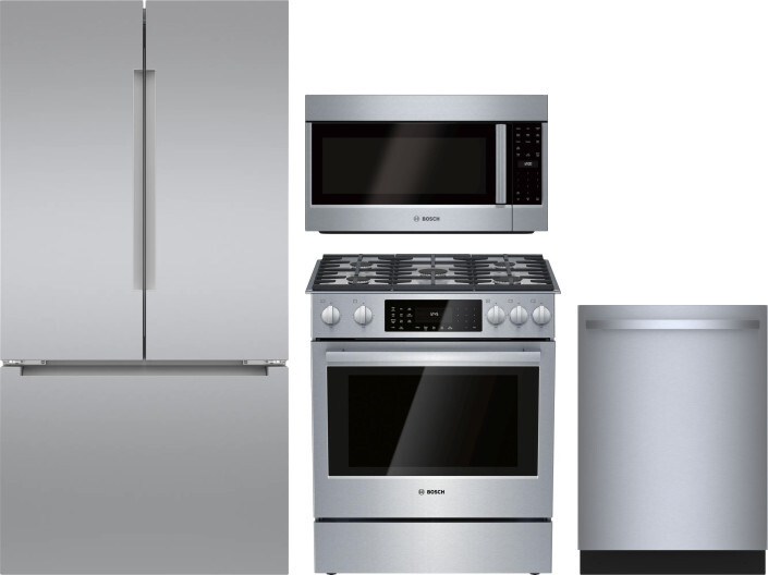 Bosch 4 Piece Kitchen Appliances Package with French Door Refrigerator, Dual Fuel Range, Dishwasher and Over the Range Microwave in Stainless Steel BO