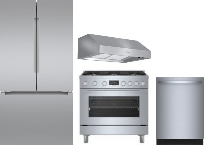 Bosch 4 Piece Kitchen Appliances Package with French Door Refrigerator, Dual Fuel Range and Dishwasher in Stainless Steel BORERADWRH726