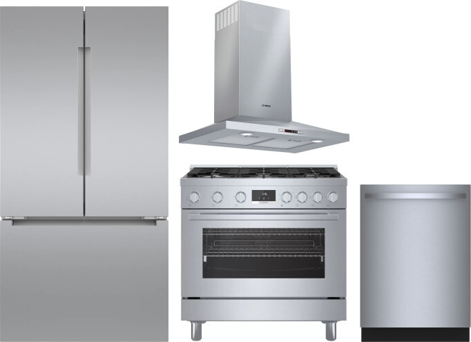Bosch 4 Piece Kitchen Appliances Package with French Door Refrigerator, Gas Range and Dishwasher in Stainless Steel BORERADWRH727