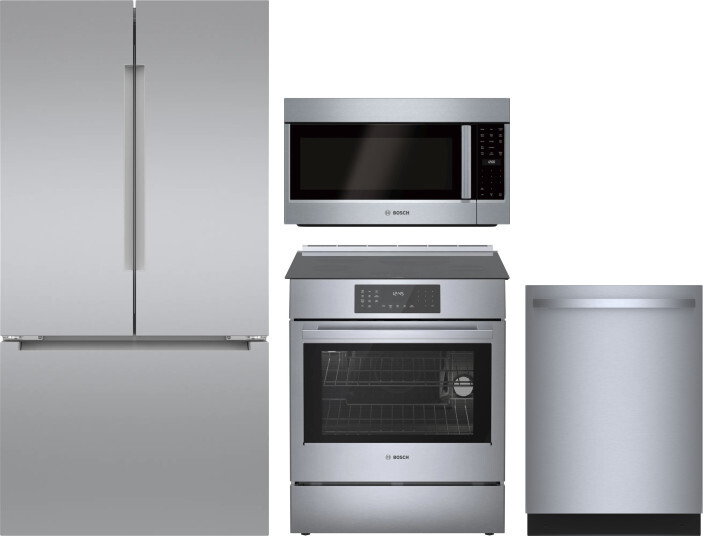 Bosch 4 Piece Kitchen Appliances Package with French Door Refrigerator, Induction Range, Dishwasher and Over the Range Microwave in Stainless Steel BO