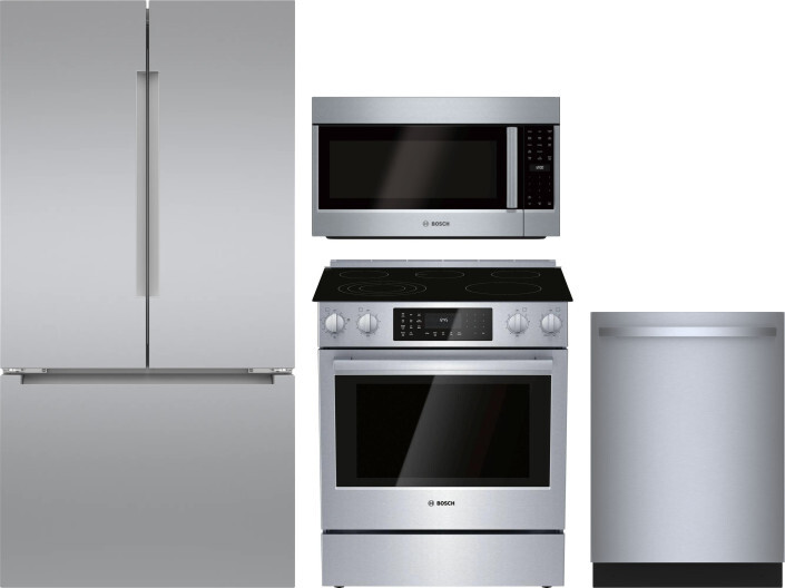 Bosch 4 Piece Kitchen Appliances Package with French Door Refrigerator, Electric Range, Dishwasher and Over the Range Microwave in Stainless Steel BOR
