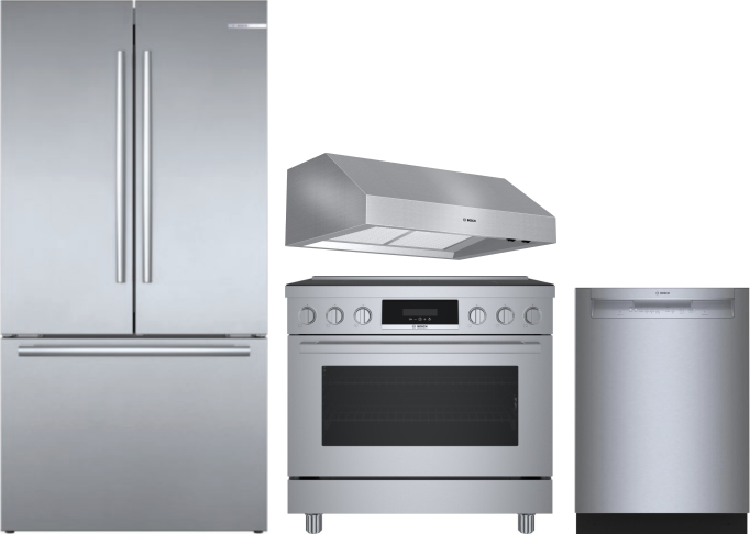 Bosch 4 Piece Kitchen Appliances Package with French Door Refrigerator, Induction Range and Dishwasher in Stainless Steel BORERADWRH761