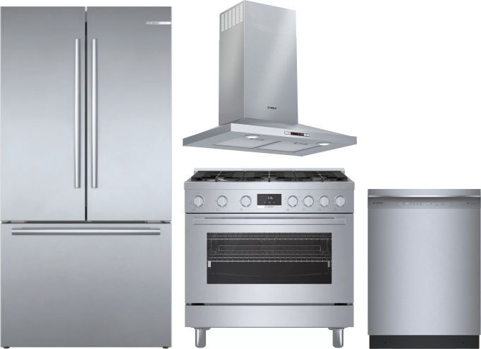 Bosch 4 Piece Kitchen Appliances Package with French Door Refrigerator, Gas Range and Dishwasher in Stainless Steel BORERADWRH763