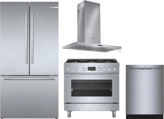 Bosch 4 Piece Kitchen Appliances Package with French Door Refrigerator, Dual Fuel Range and Dishwasher in Stainless Steel BORERADWRH765
