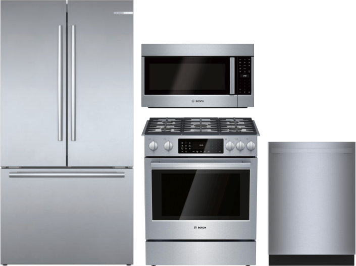 Bosch 4 Piece Kitchen Appliances Package with French Door Refrigerator, Dual Fuel Range, Dishwasher and Over the Range Microwave in Stainless Steel BO
