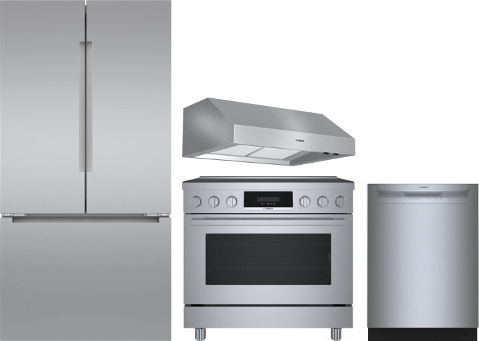 Bosch 4 Piece Kitchen Appliances Package with French Door Refrigerator, Induction Range and Dishwasher in Stainless Steel BORERADWRH773