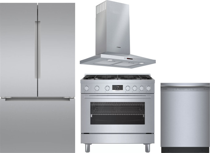 Bosch 4 Piece Kitchen Appliances Package with French Door Refrigerator, Gas Range and Dishwasher in Stainless Steel BORERADWRH775