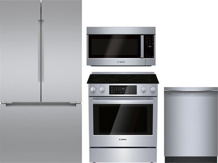 Bosch 4 Piece Kitchen Appliances Package with French Door Refrigerator, Electric Range, Dishwasher and Over the Range Microwave in Stainless Steel BOR
