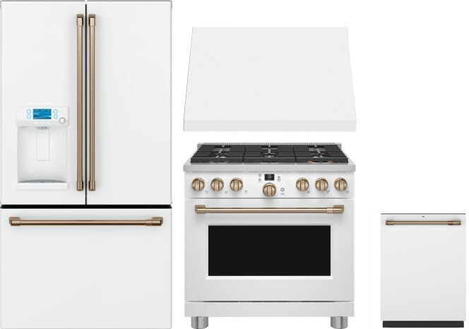 Cafe 4 Piece Kitchen Appliances Package with French Door Refrigerator, Dual Fuel Range and Dishwasher in Matte White CAFRERADWRH774