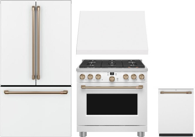 Cafe 4 Piece Kitchen Appliances Package with French Door Refrigerator, Dual Fuel Range and Dishwasher in Matte White CAFRERADWRH778