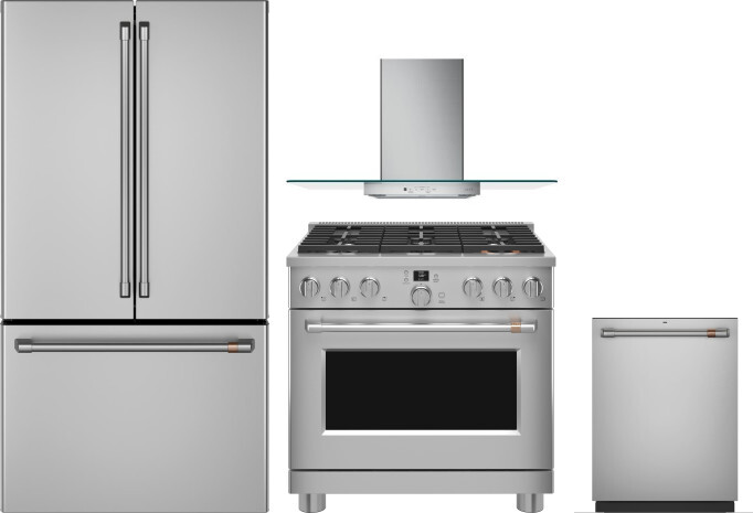 Cafe 4 Piece Kitchen Appliances Package with French Door Refrigerator, Dual Fuel Range and Dishwasher in Stainless Steel CAFRERADWRH781
