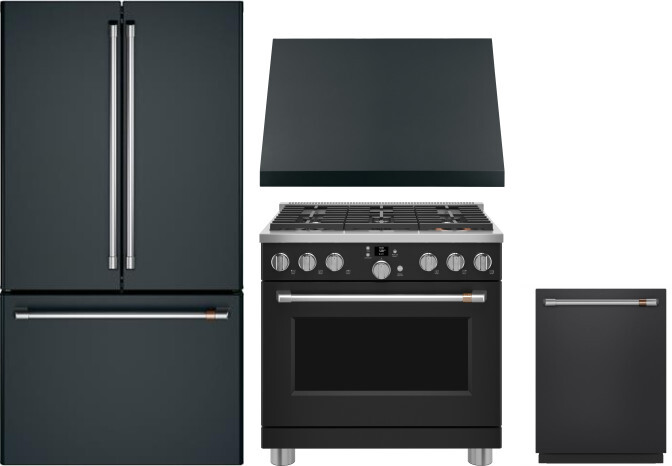Cafe 4 Piece Kitchen Appliances Package with French Door Refrigerator, Gas Range and Dishwasher in Matte Black CAFRERADWRH784