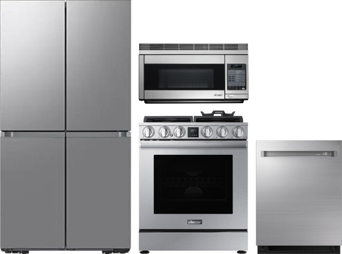 Dacor 4 Piece Kitchen Appliances Package with French Door Refrigerator, Gas Range, Over the Range Microwave and Dishwasher in Stainless Steel DARERADW
