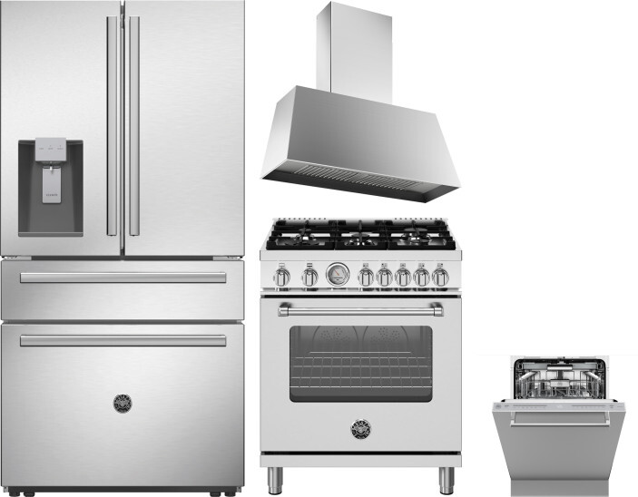 Bertazzoni 4 Piece Kitchen Appliances Package with French Door Refrigerator, Gas Range and Dishwasher in Stainless Steel BERERADWRH1132