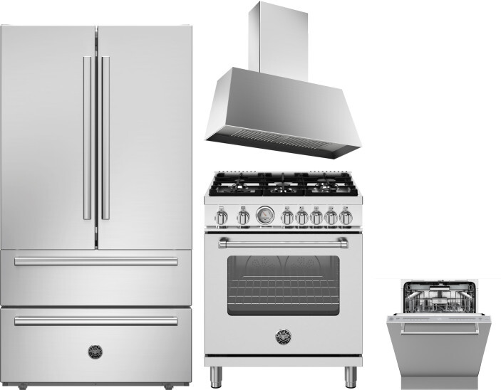 Bertazzoni 4 Piece Kitchen Appliances Package with French Door Refrigerator, Gas Range and Dishwasher in Stainless Steel BERERADWRH1133