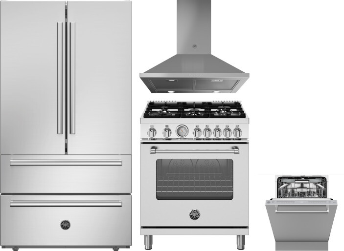 Bertazzoni 4 Piece Kitchen Appliances Package with French Door Refrigerator, Gas Range and Dishwasher in Stainless Steel BERERADWRH1134