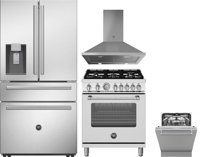 Bertazzoni 4 Piece Kitchen Appliances Package with French Door Refrigerator, Gas Range and Dishwasher in Stainless Steel BERERADWRH1135