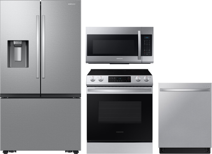 Samsung 4 Piece Kitchen Appliances Package with French Door Refrigerator, Electric Range, Dishwasher and Over the Range Microwave in Stainless Steel S