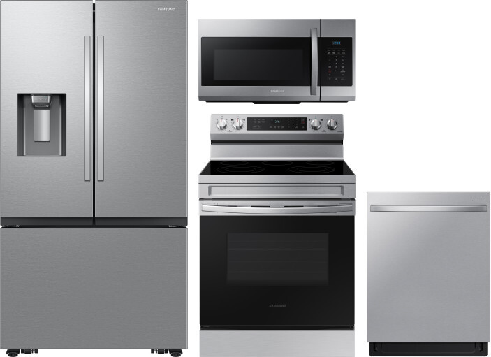 Samsung 4 Piece Kitchen Appliances Package with French Door Refrigerator, Electric Range, Dishwasher and Over the Range Microwave in Stainless Steel S