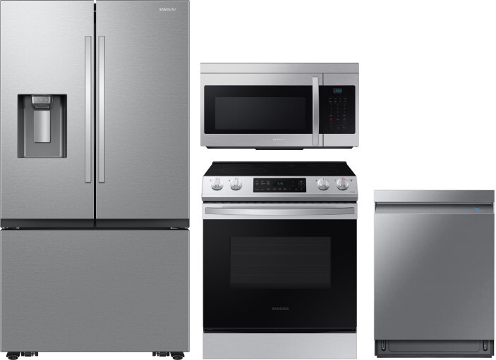 Samsung 4 Piece Kitchen Appliances Package with French Door Refrigerator, Electric Range, Dishwasher and Over the Range Microwave in Stainless Steel S