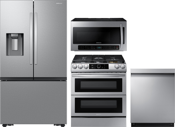 Samsung 4 Piece Kitchen Appliances Package with French Door Refrigerator, Dual Fuel Range, Dishwasher and Over the Range Microwave in Stainless Steel 