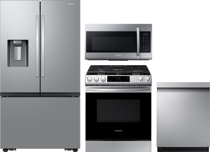 Samsung 4 Piece Kitchen Appliances Package with French Door Refrigerator, Gas Range, Dishwasher and Over the Range Microwave in Stainless Steel SARERA