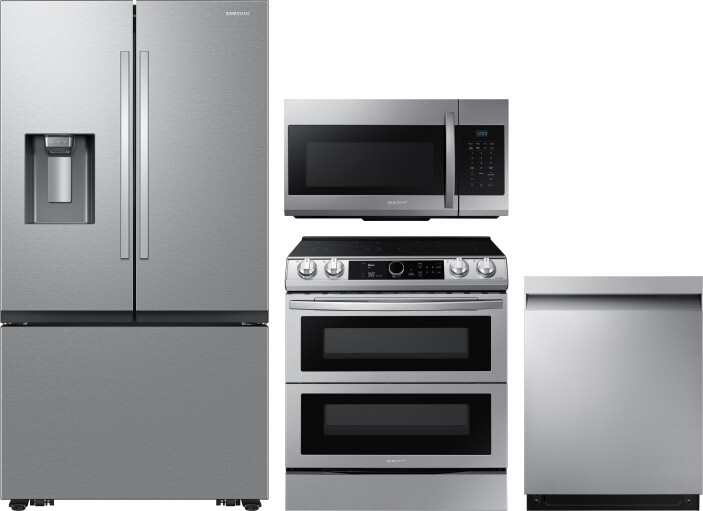 Samsung 4 Piece Kitchen Appliances Package with French Door Refrigerator, Electric Range, Dishwasher and Over the Range Microwave in Stainless Steel S