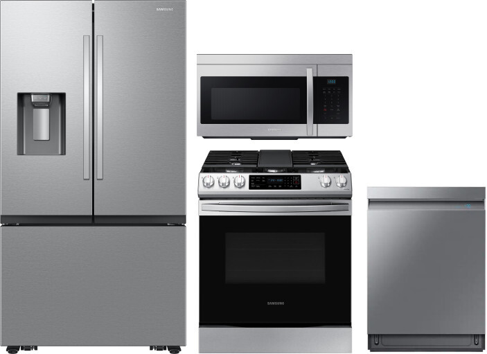 Samsung 4 Piece Kitchen Appliances Package with French Door Refrigerator, Gas Range, Dishwasher and Over the Range Microwave in Stainless Steel SARERA