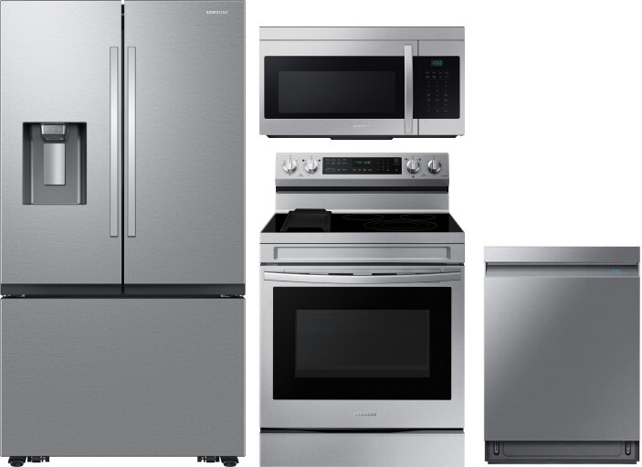 Samsung 4 Piece Kitchen Appliances Package with French Door Refrigerator, Electric Range, Dishwasher and Over the Range Microwave in Stainless Steel S