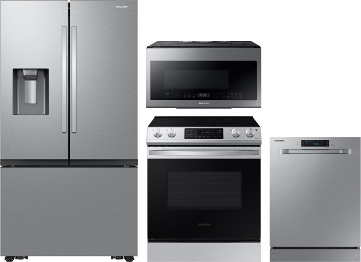 Samsung 4 Piece Kitchen Appliances Package with French Door Refrigerator, Electric Range, Dishwasher and Over the Range Microwave in Stainless Steel S