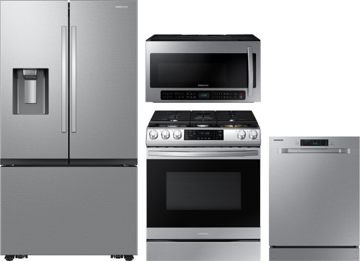 Samsung 4 Piece Kitchen Appliances Package with French Door Refrigerator, Gas Range, Dishwasher and Over the Range Microwave in Stainless Steel SARERA